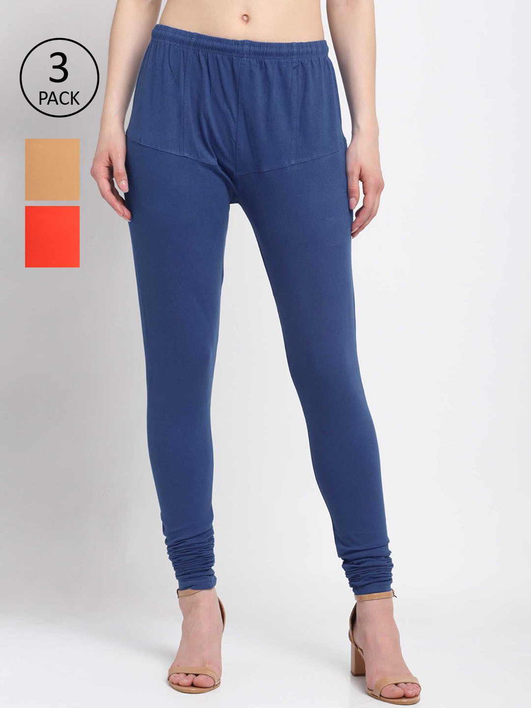 

KLOTTHE Women Pack Of 3 Solid Cotton Churidar-Length Leggings, Blue