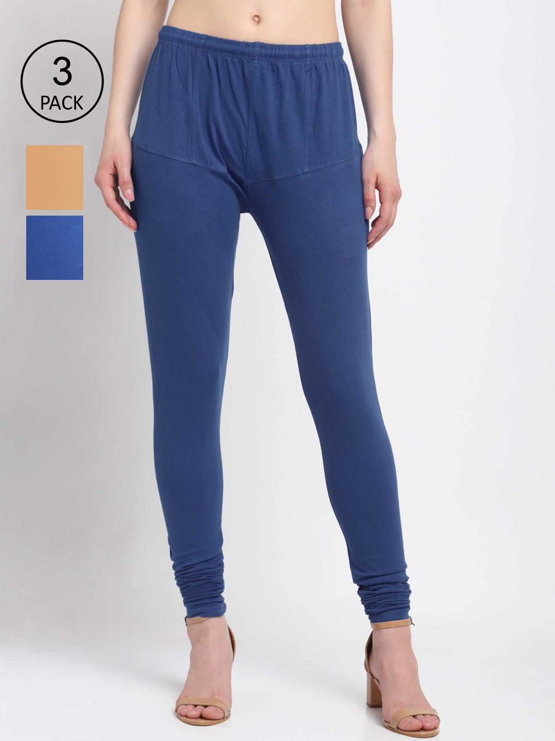 

KLOTTHE Women Pack Of 3 Solid Cotton Churidar-Length Leggings, Blue