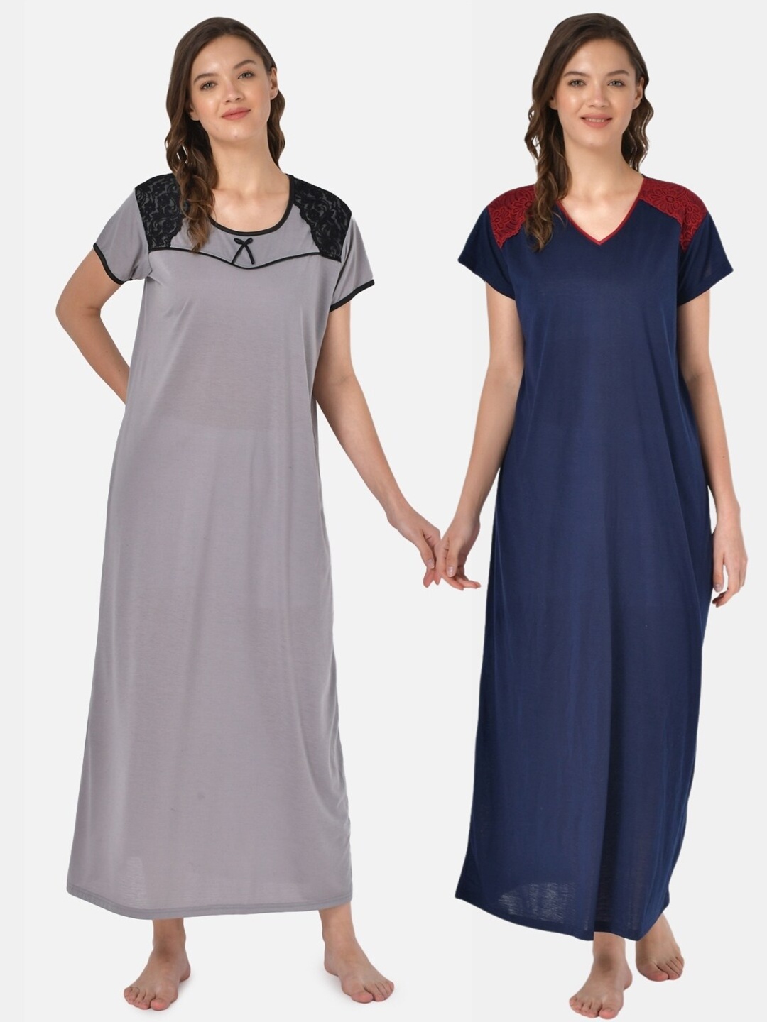 

Klamotten Women Pack of 2 Navy Blue & Grey Solid Maxi Nightdress