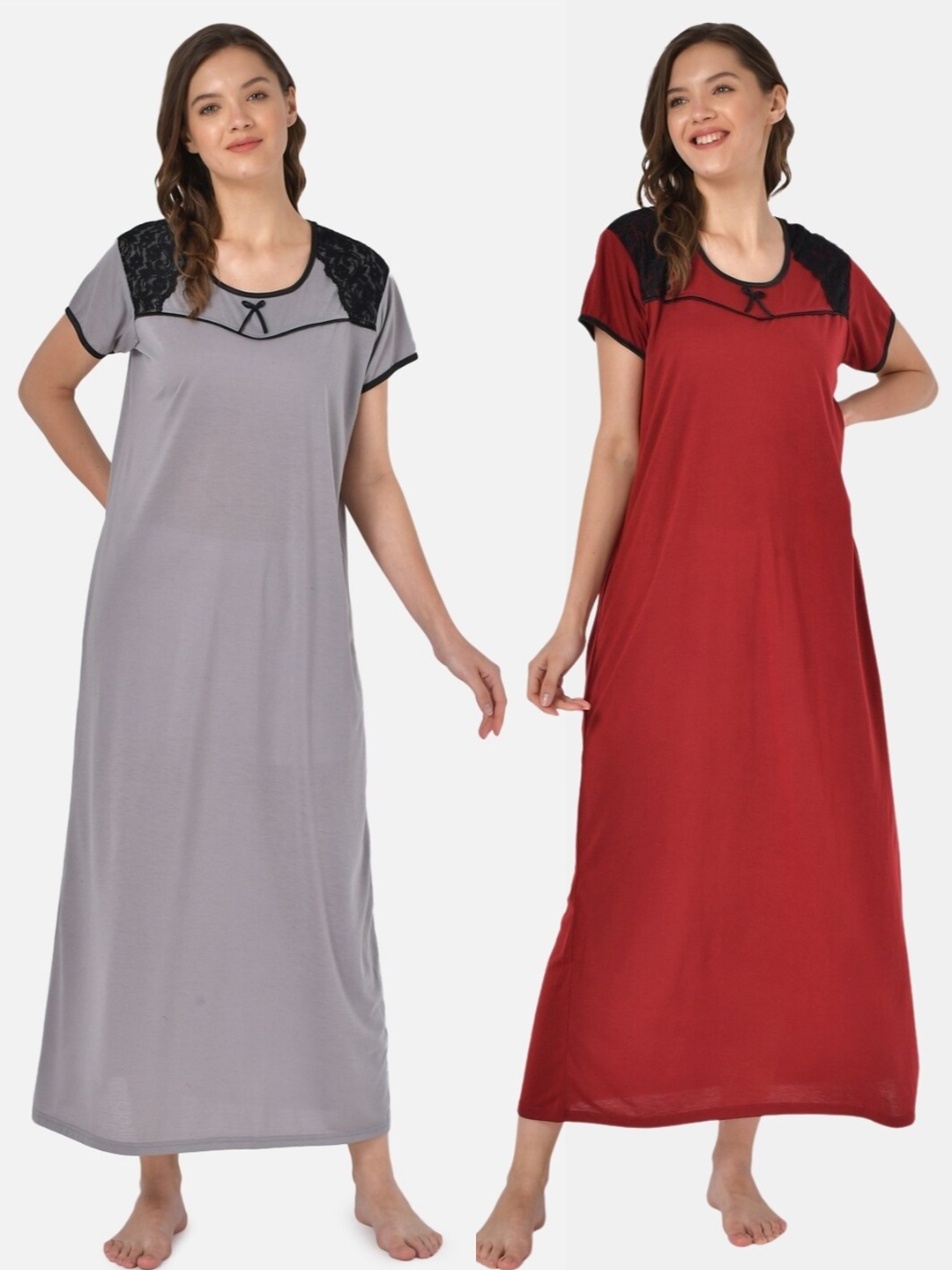 

Klamotten Women Maroon & Grey Solid Nightwear Pack Of Two