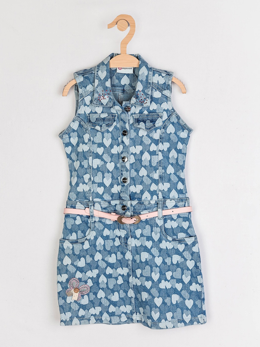 

Peppermint Girls Blue & Pink Printed Pure Cotton Belted Shirt Dress