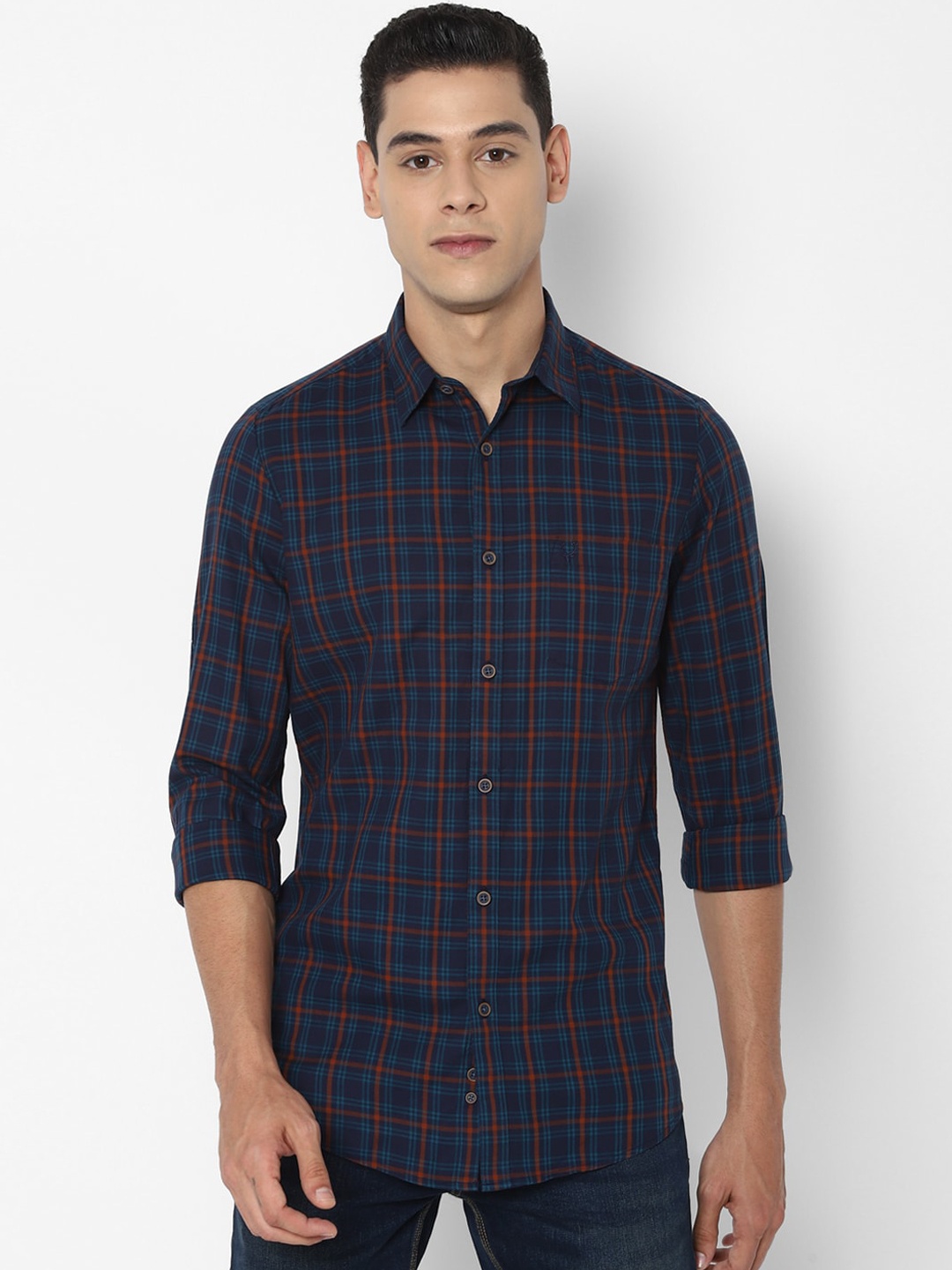 

Allen Solly Men Navy Blue & Orange Tartan Checked Slim Fit Casual Shirt