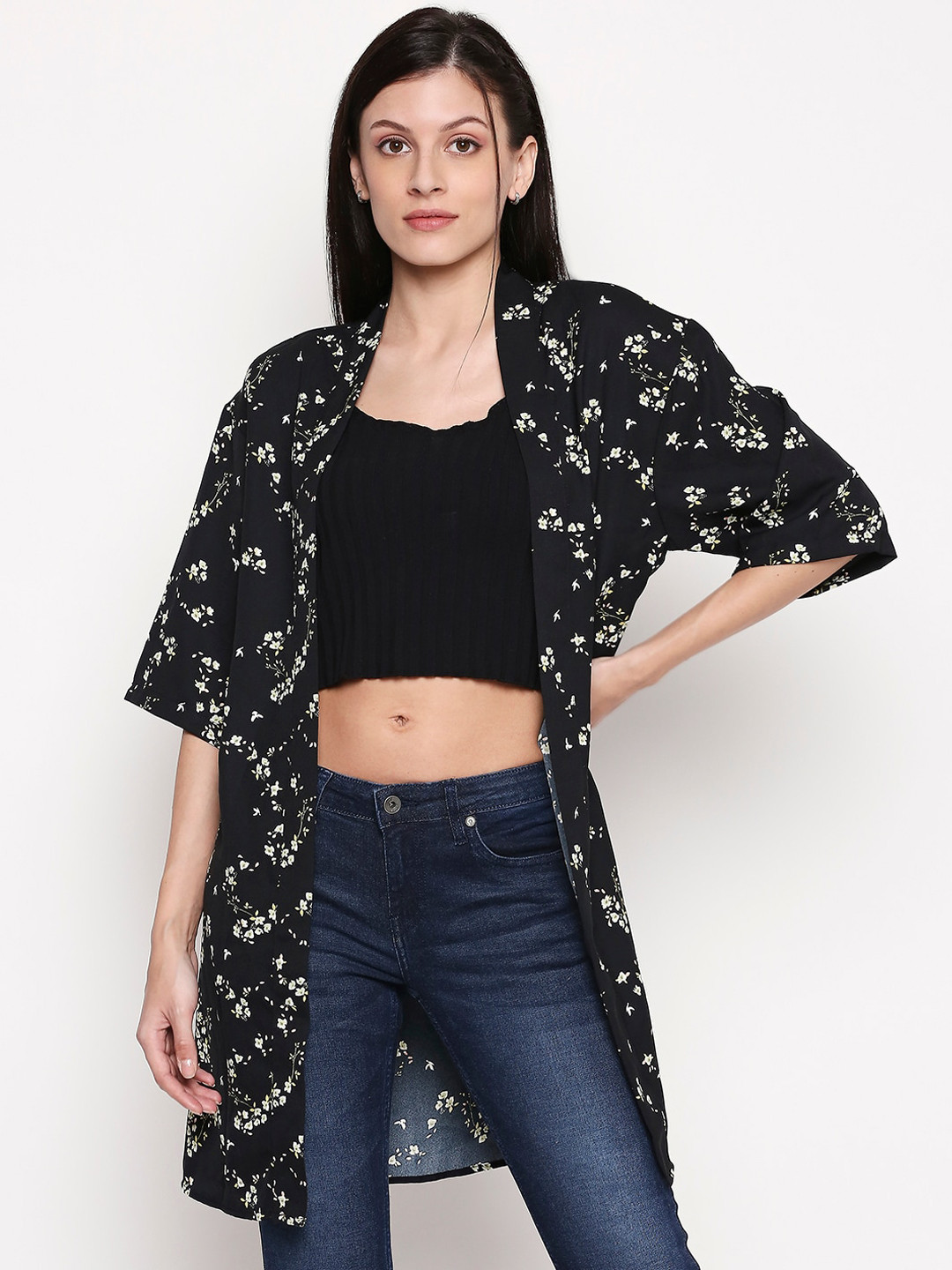 

People Women Black White Floral Crop Open Front Jacket