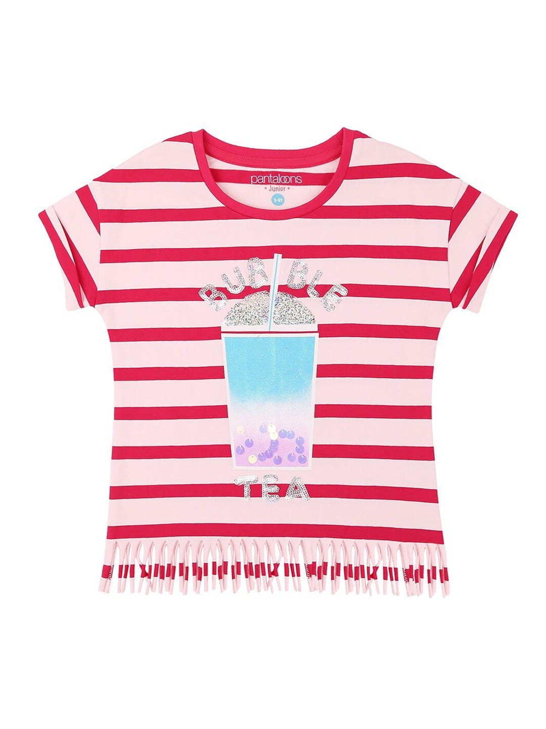 

Pantaloons Junior Girls Pink & Blue Striped Pure Cotton T-shirt