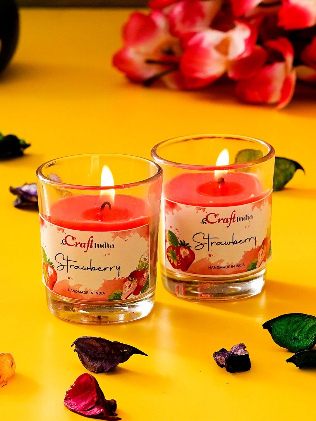 

eCraftIndia Set Of 2 Red Strawberry Scented Glass Candles