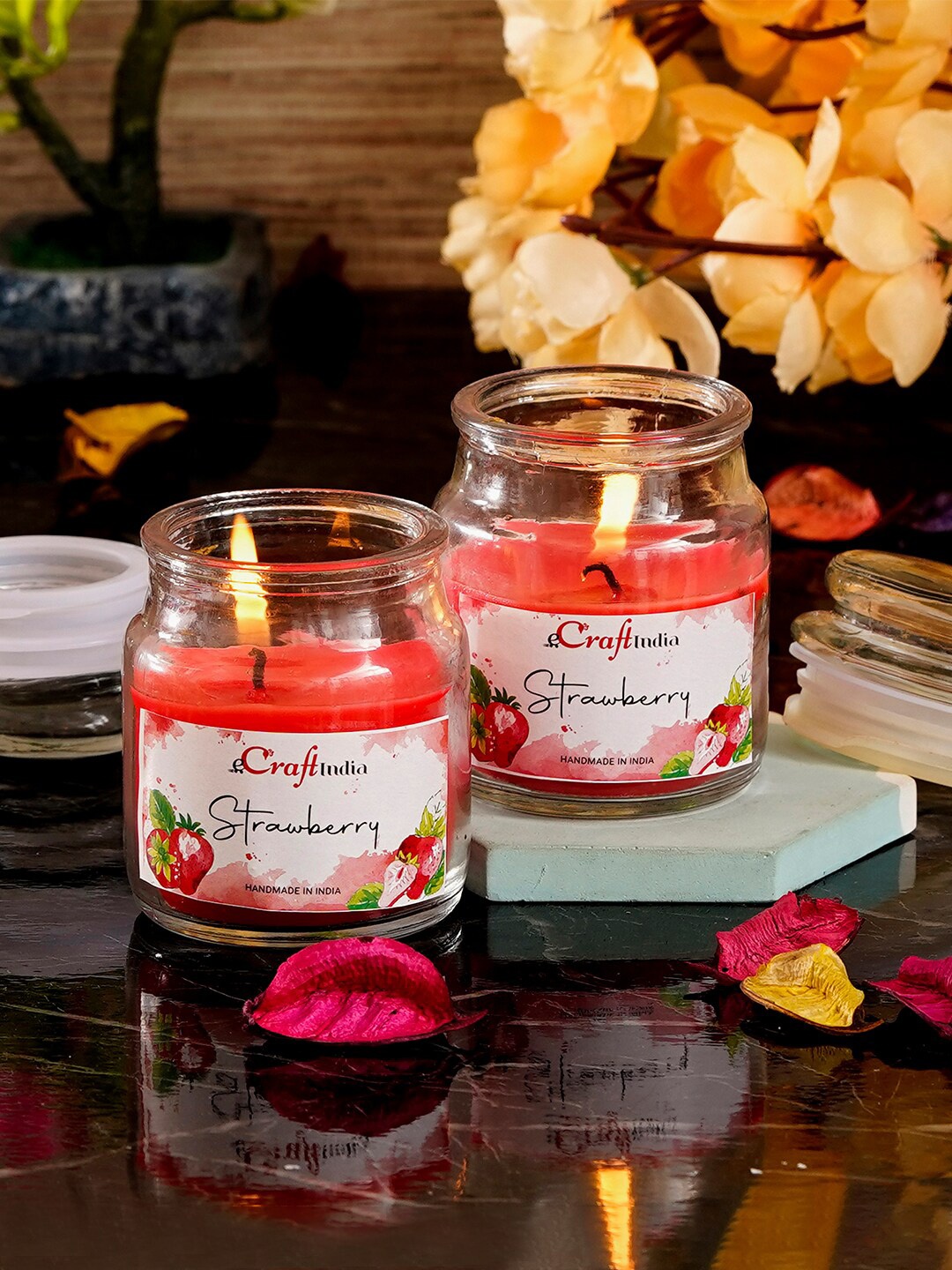 

eCraftIndia Set of 2 Strawberry Scented Jar Candle, Red