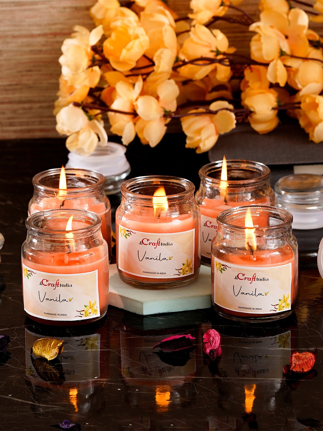 

eCraftIndia Set of 5 Vanilla Scented Jar Candle, Peach