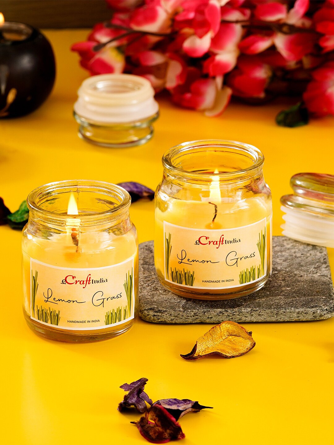 

eCraftIndia Set of 2 Lemon Grass Scented Jar Candles, Yellow