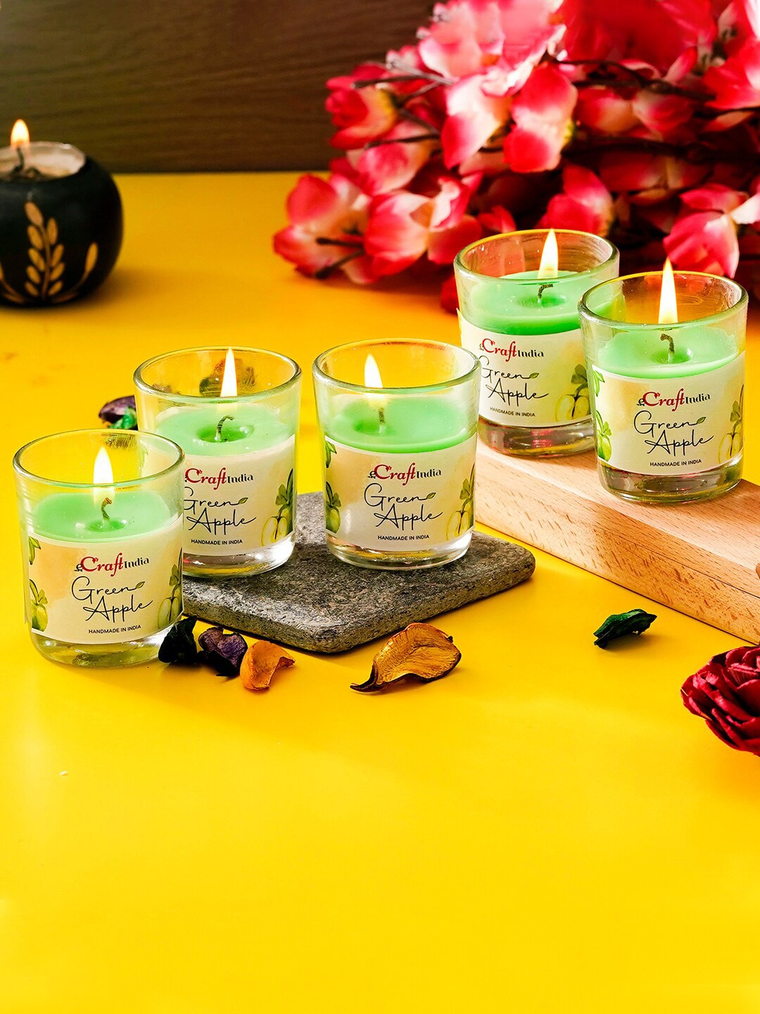 

eCraftIndia Set Of 5 Green Apple Scented Jar Candles
