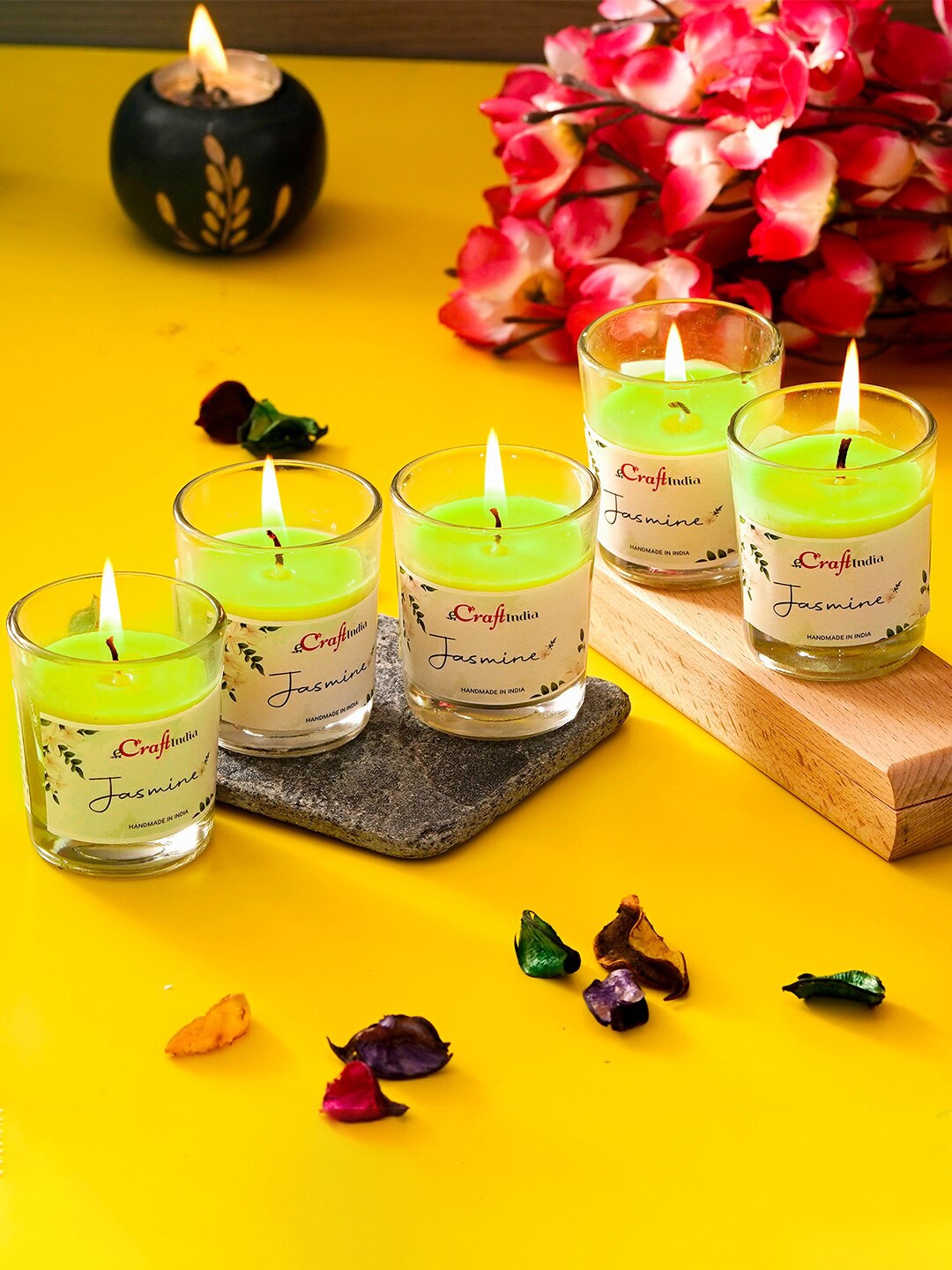 

eCraftIndia Set of 5 Jasmine Scented Glass Candle, Green