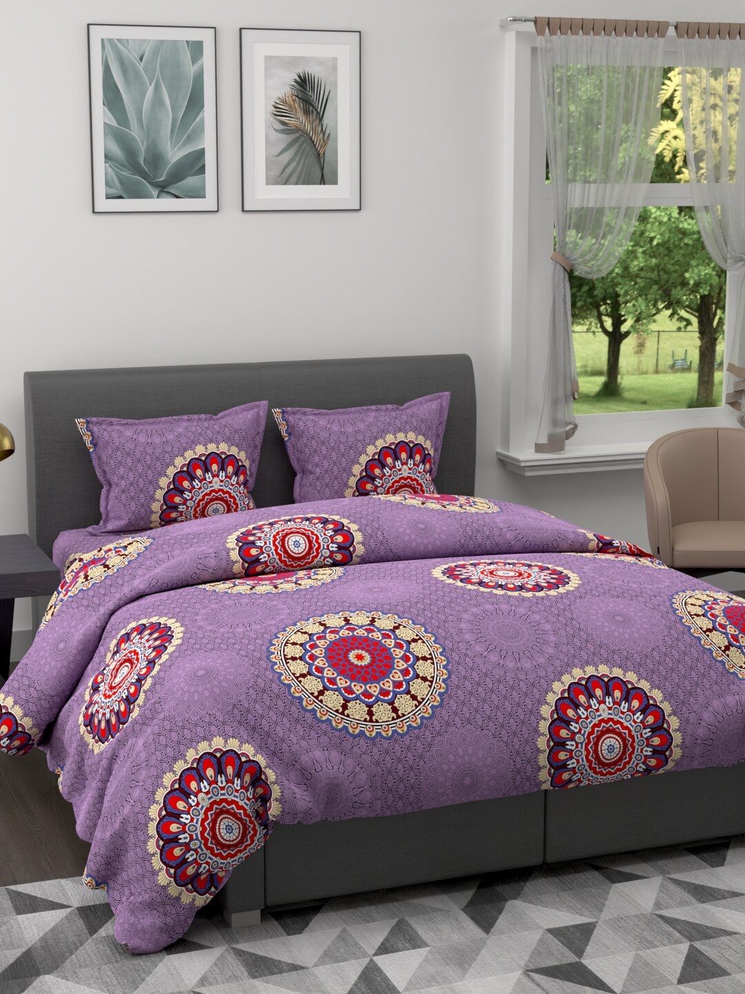 

BIANCA Set of 4 Ethnic Motif Printed Cotton 150 GSM Double King Bedding Set, Purple