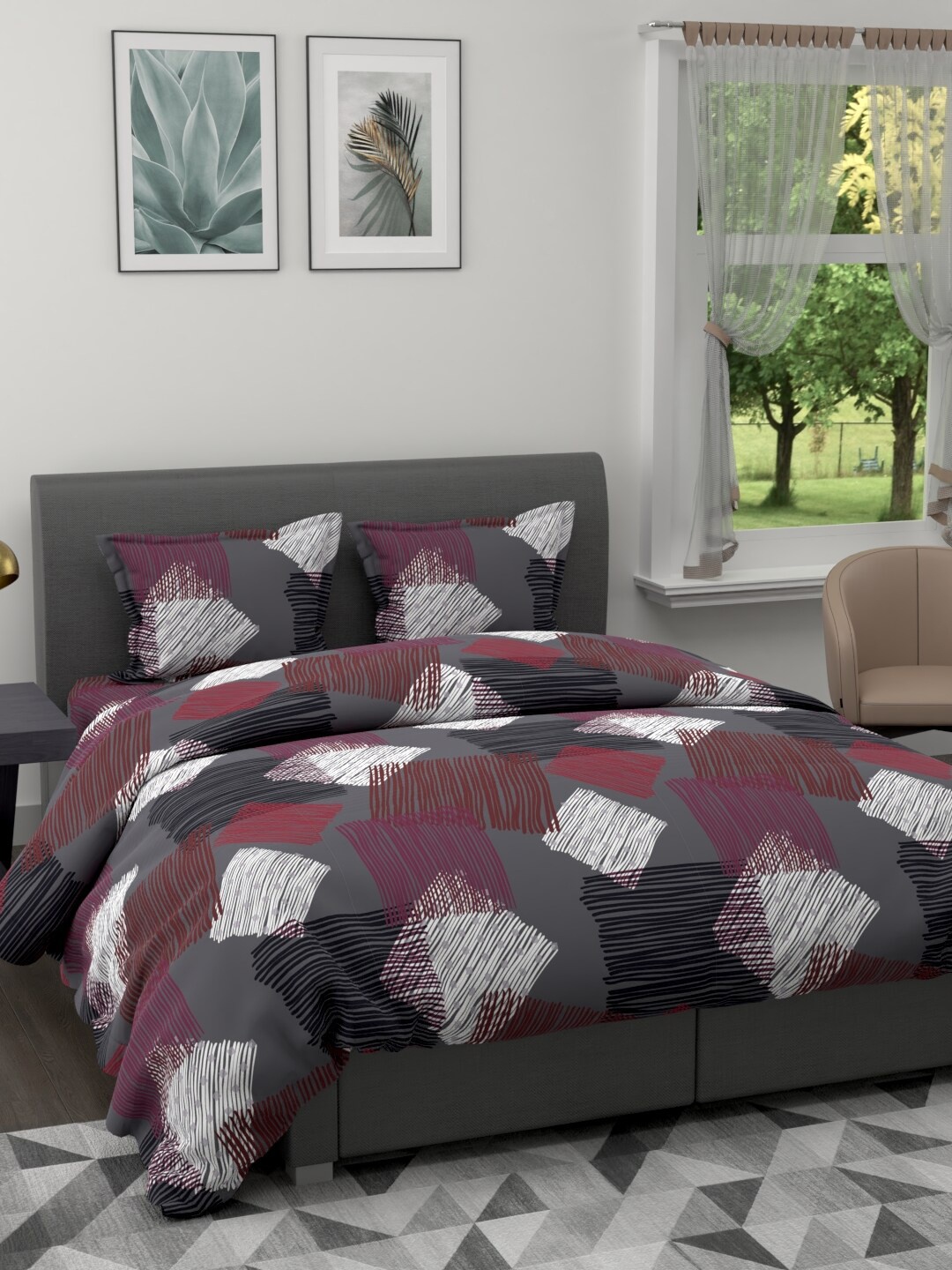 

BIANCA Set of 4 Geometric Printed Cotton 150 GSM Double King Bedding Set, Grey