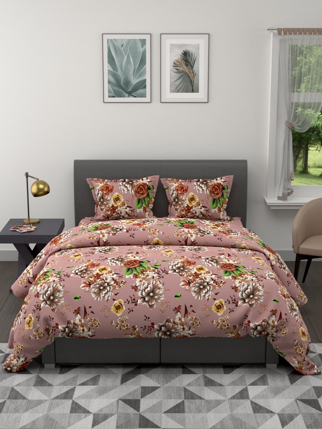 

BIANCA Set Of 4 Brown & Red Floral Printed Cotton 150 GSM Double King Bedding Set