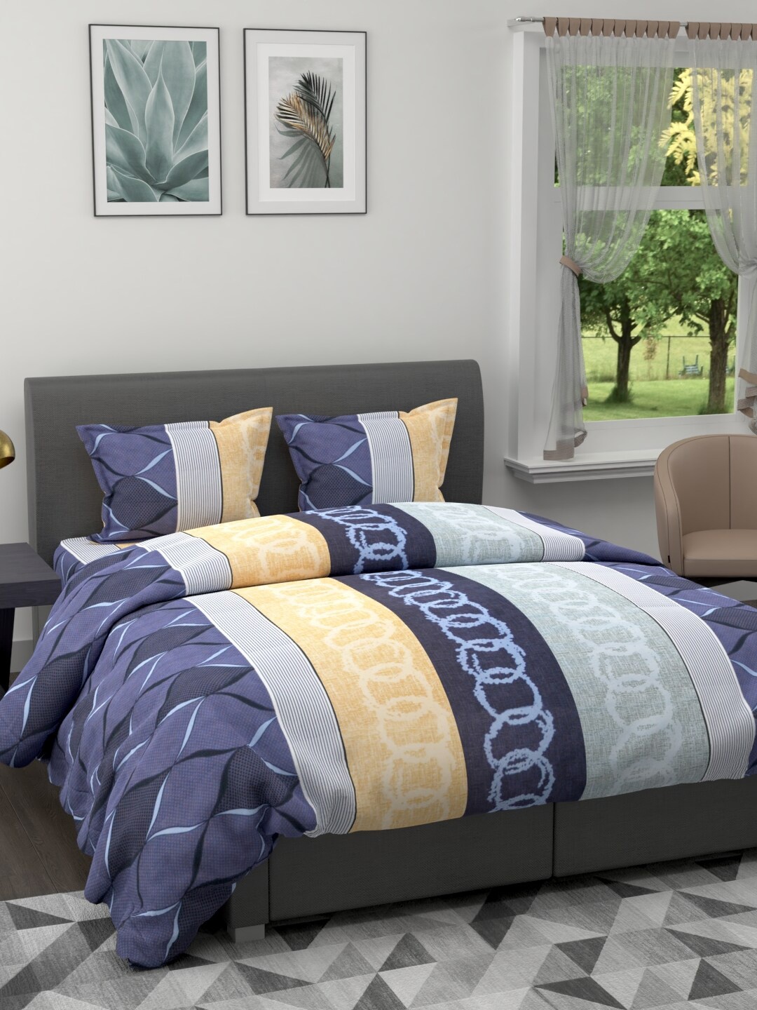 

BIANCA Set Of 4 Blue & Beige Geometric Printed Cotton 150 GSM Double King Bedding Set