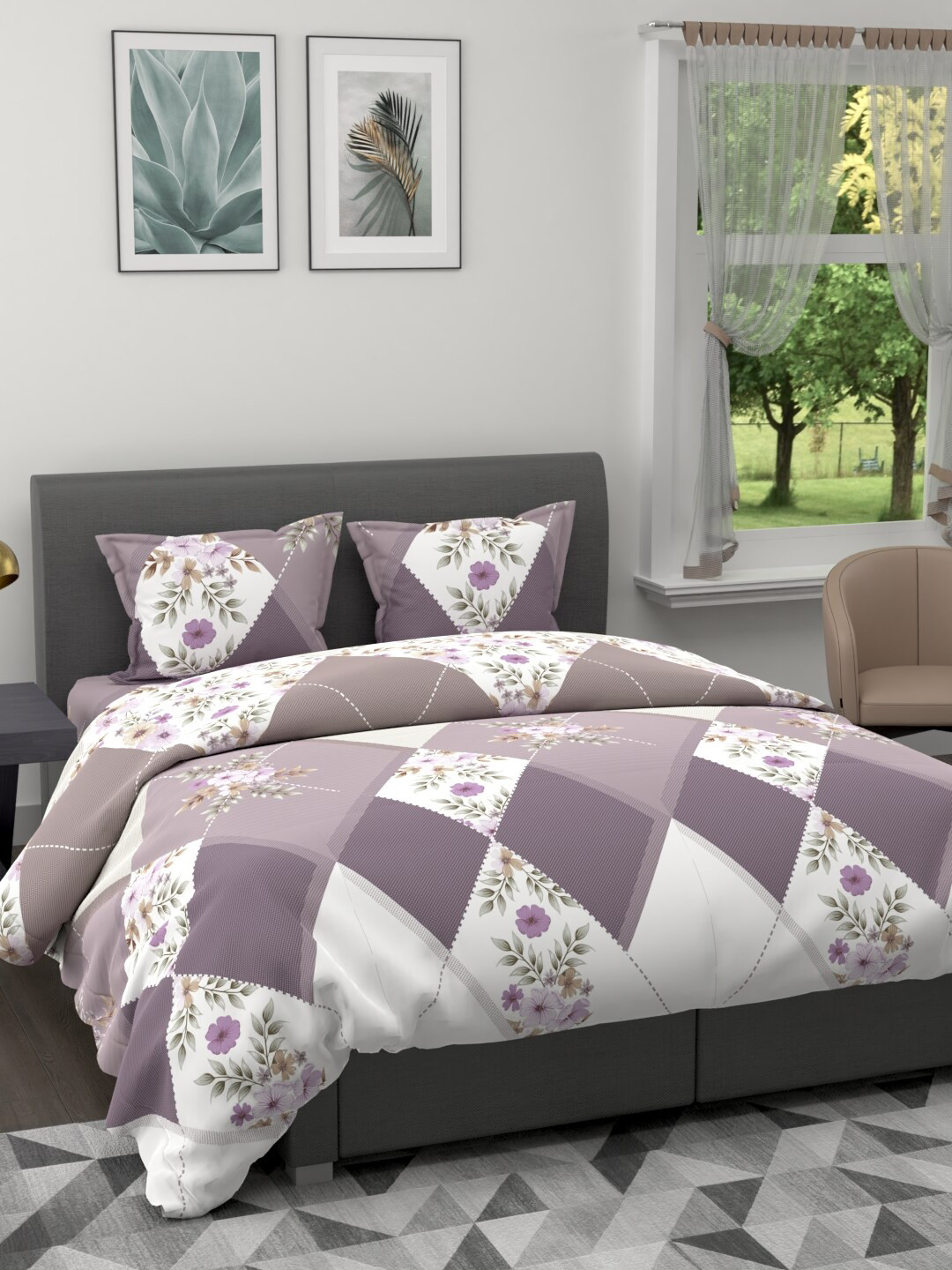 

KOPA Mauve & White Geometric Printed Cotton 150 GSM Double King Bedding Set