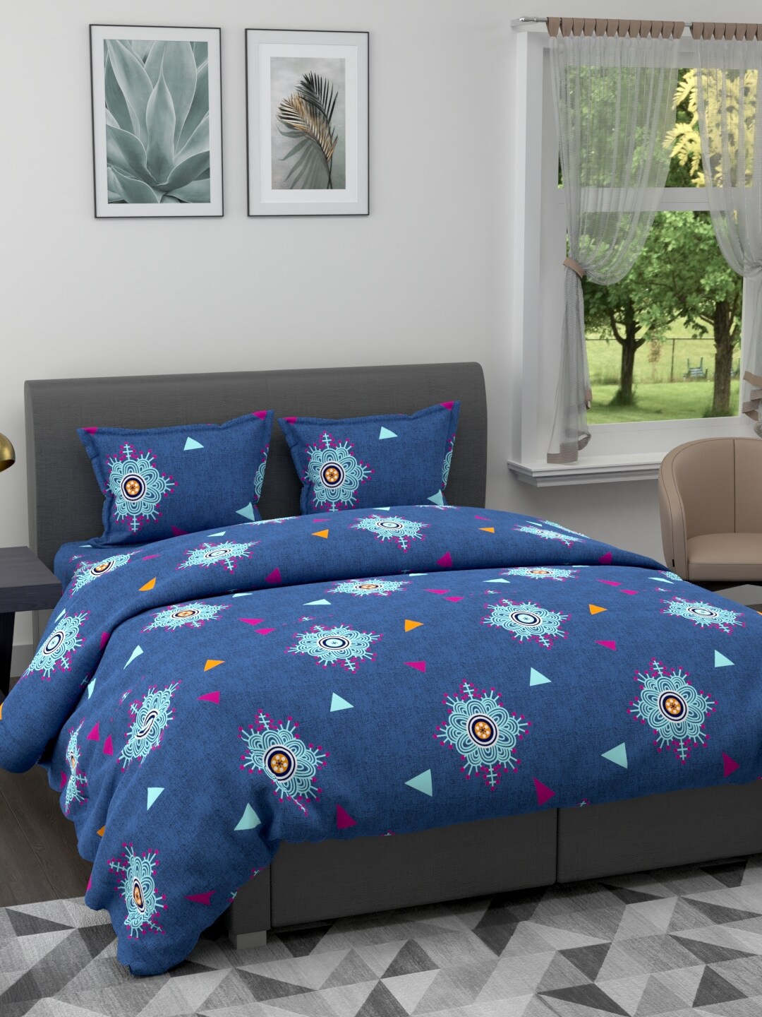 

KOPA Set Of 4 Navy Blue Ethnic Motifs Printed Cotton 150 GSM Double King Bedding Set
