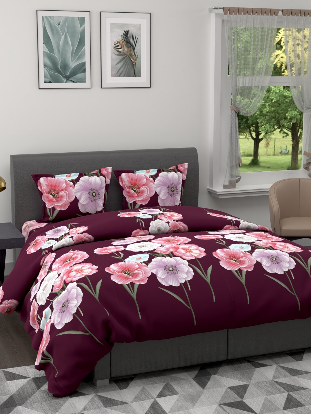 

BIANCA Burgundy & Pink Set of 4 Floral Microfiber AC Room 150 GSM Double Bed Comforter