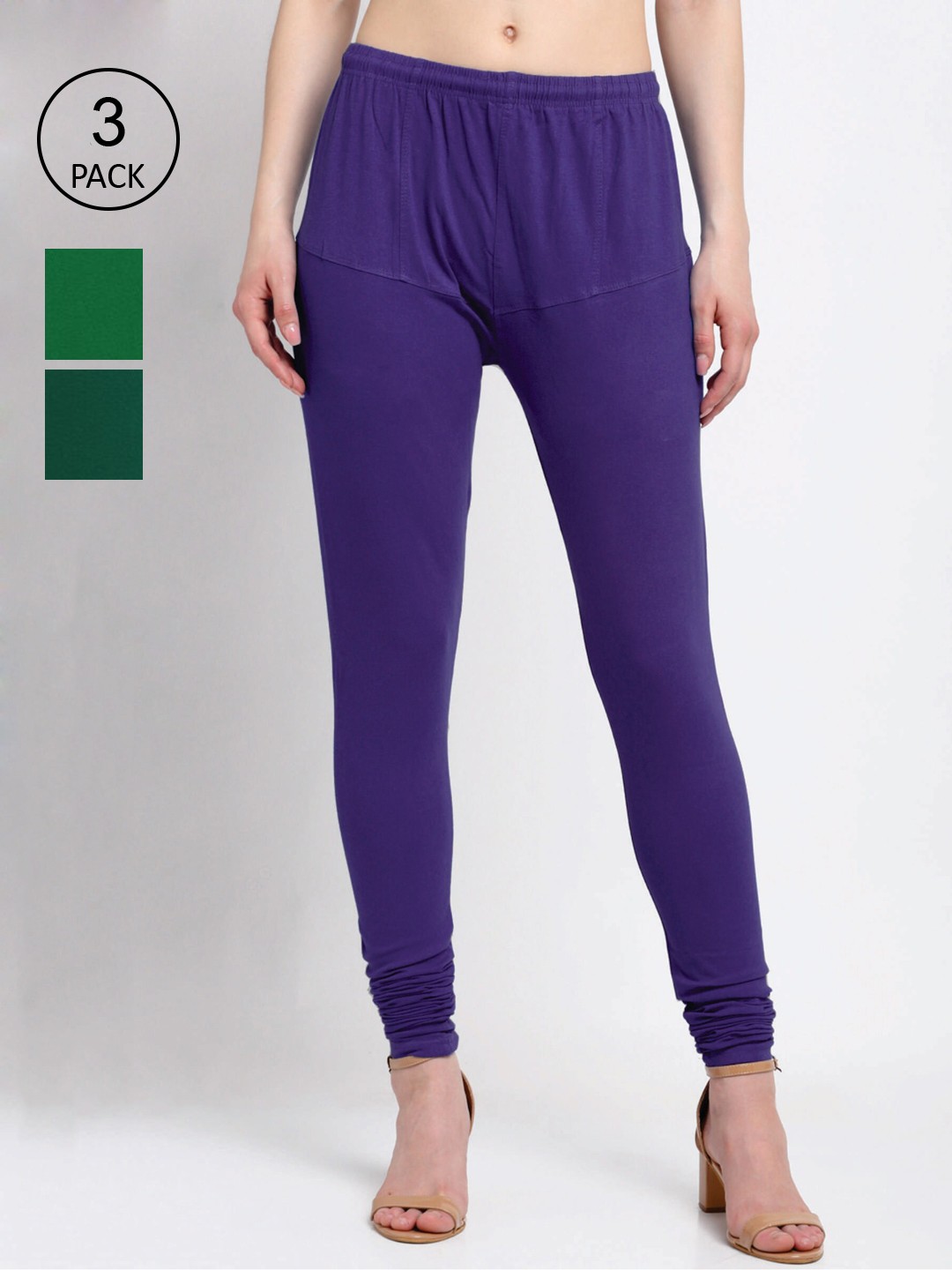 

KLOTTHE Women Pack Of 3 Solid Cotton Churidar-Length Leggings, Purple