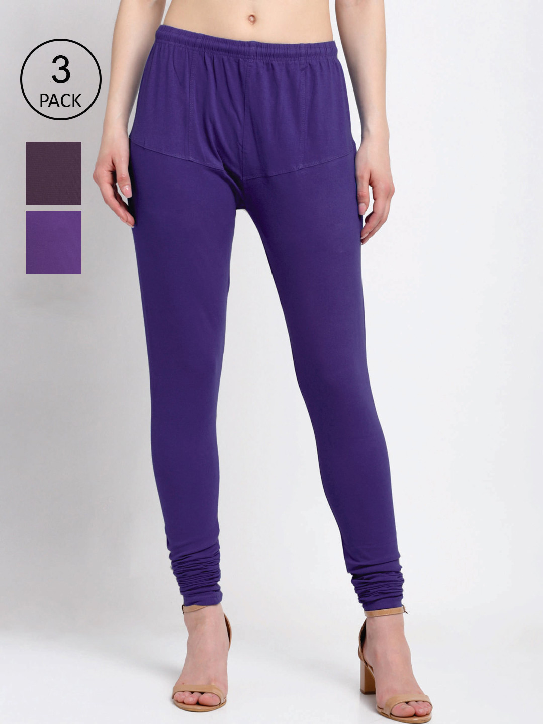 

KLOTTHE Women Pack Of 3 Solid Cotton Churidar-Length Leggings, Purple