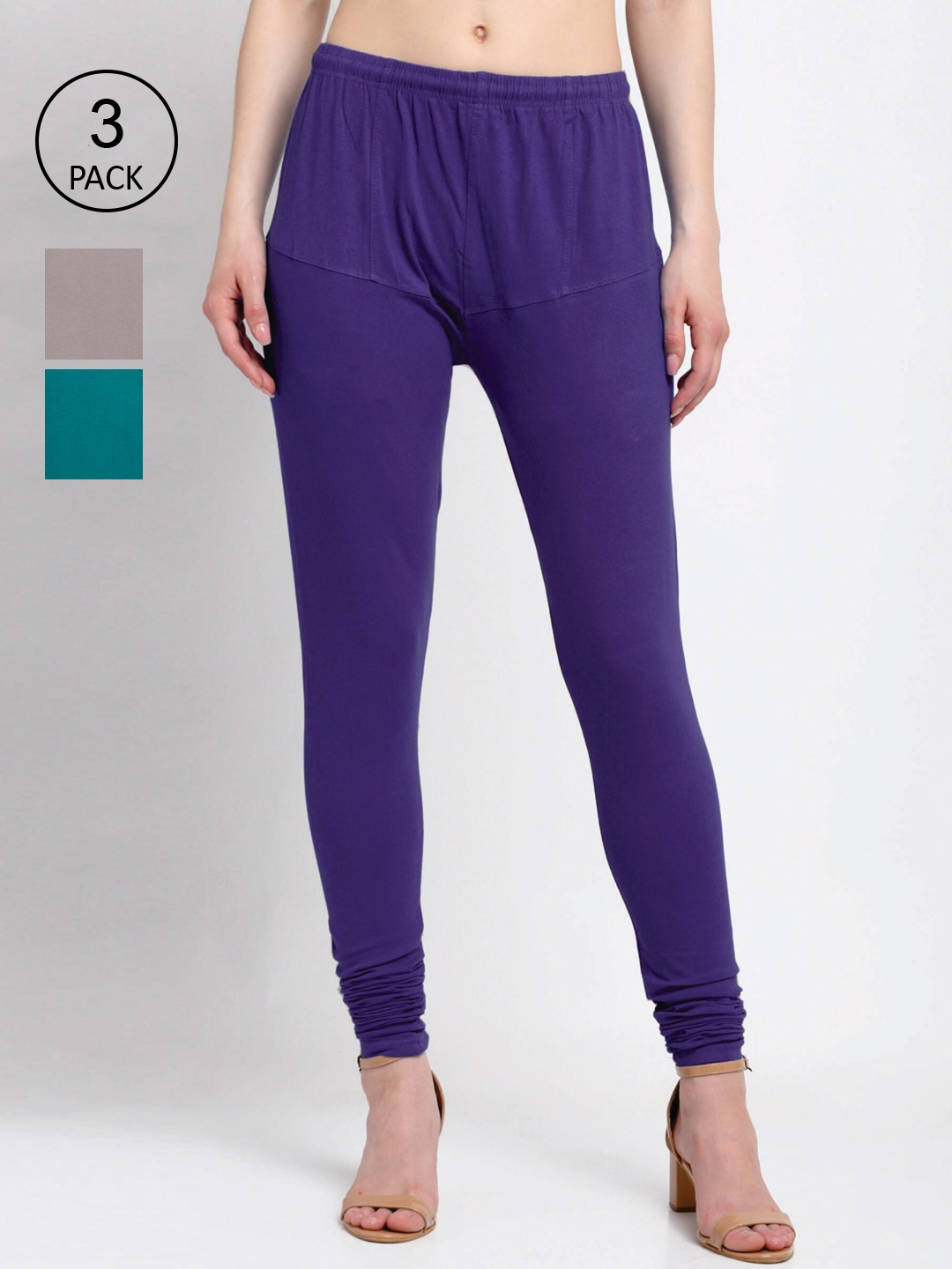 

KLOTTHE Women Pack Of 3 Solid Cotton Churidar-Length Leggings, Purple