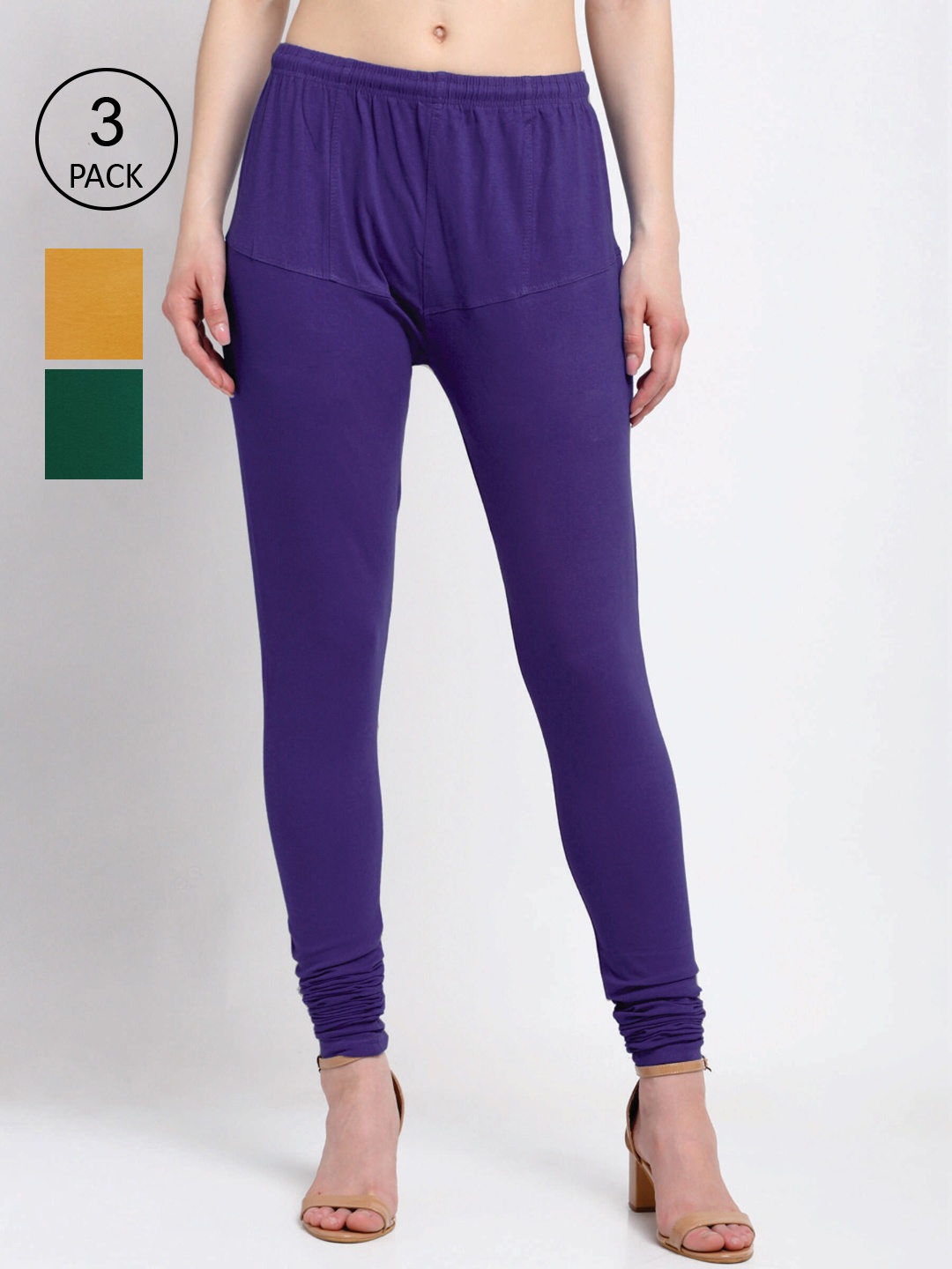 

KLOTTHE Women Pack Of 3 Multicoloured Solid Churidar-Length Cotton Leggings, Purple