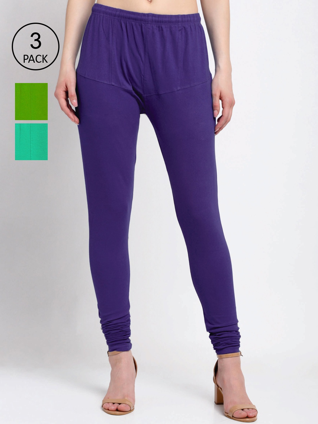 

KLOTTHE Women Pack Of 3 Solid Cotton Churidar Leggings, Violet