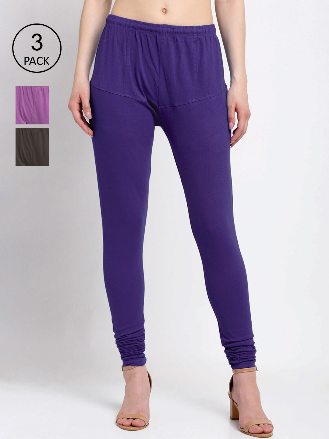 

KLOTTHE Women Pack Of 3 Solid Cotton Churidar-Length Leggings, Violet