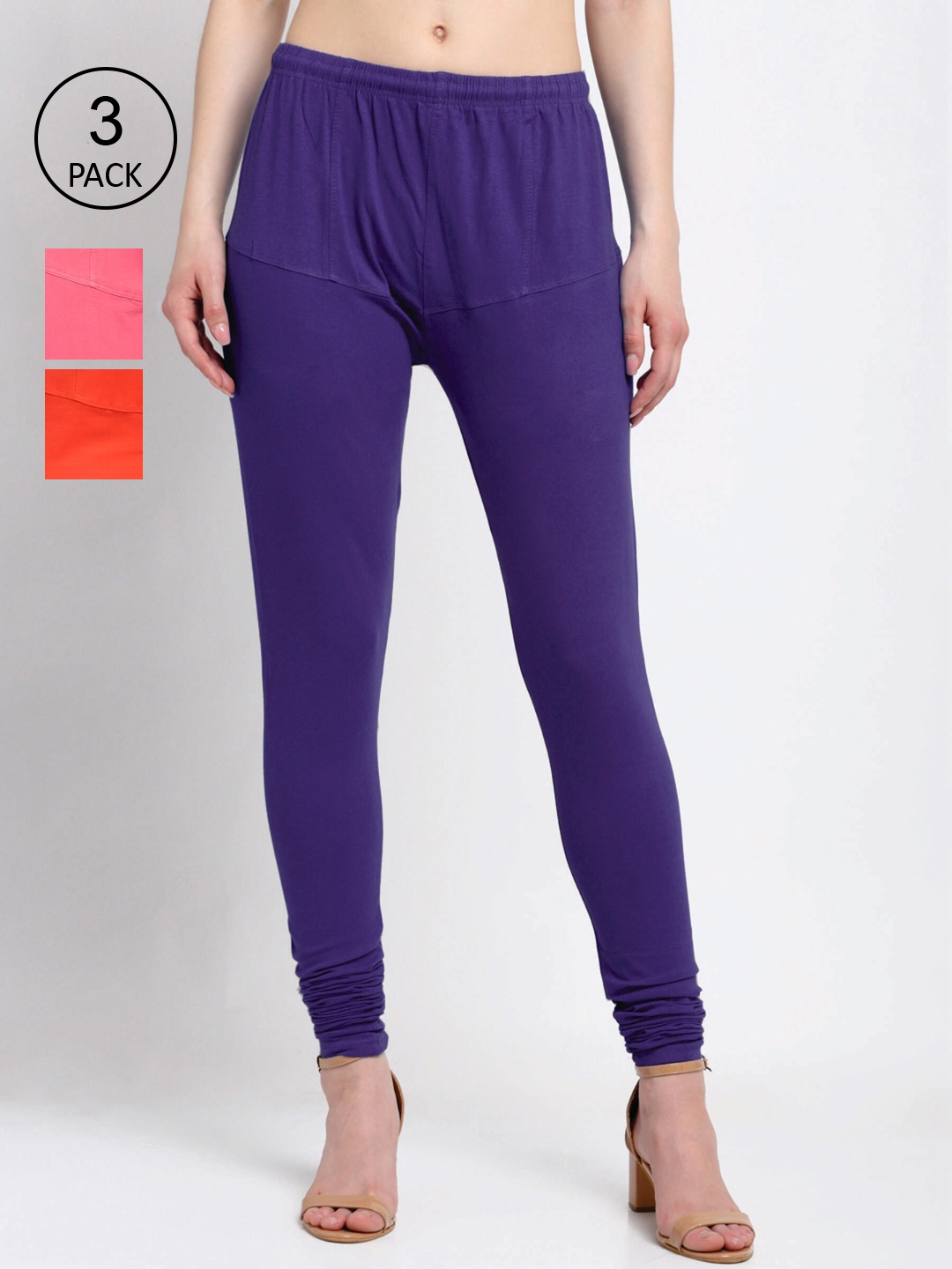 

KLOTTHE Women Pack Of 3 Solid Churidar-Length Cotton Leggings, Purple