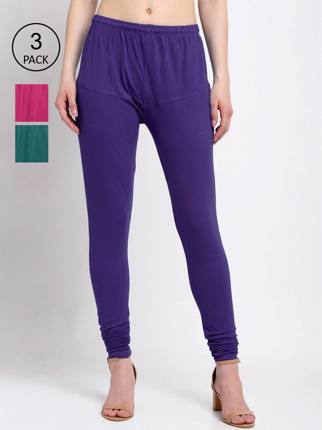 

KLOTTHE Women Pack Of 3 Multicoloured Solid Churidar-Length Leggings, Violet
