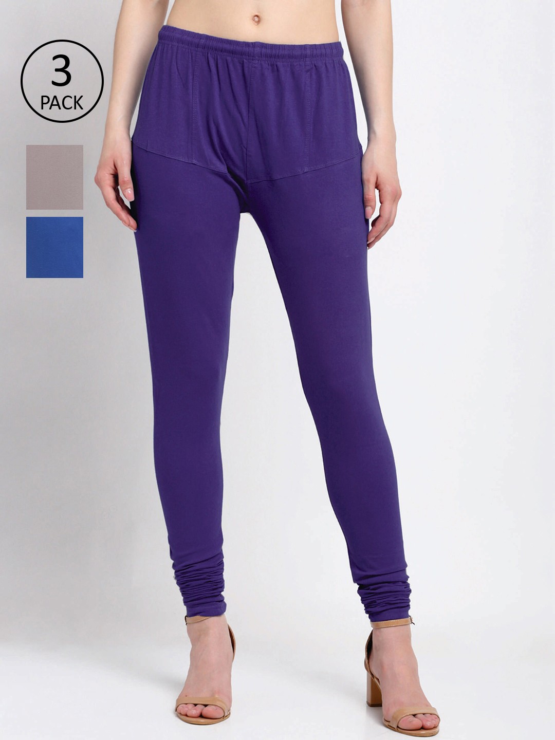 

KLOTTHE Women Pack Of 3 Solid Cotton Churidar-Length Leggings, Purple