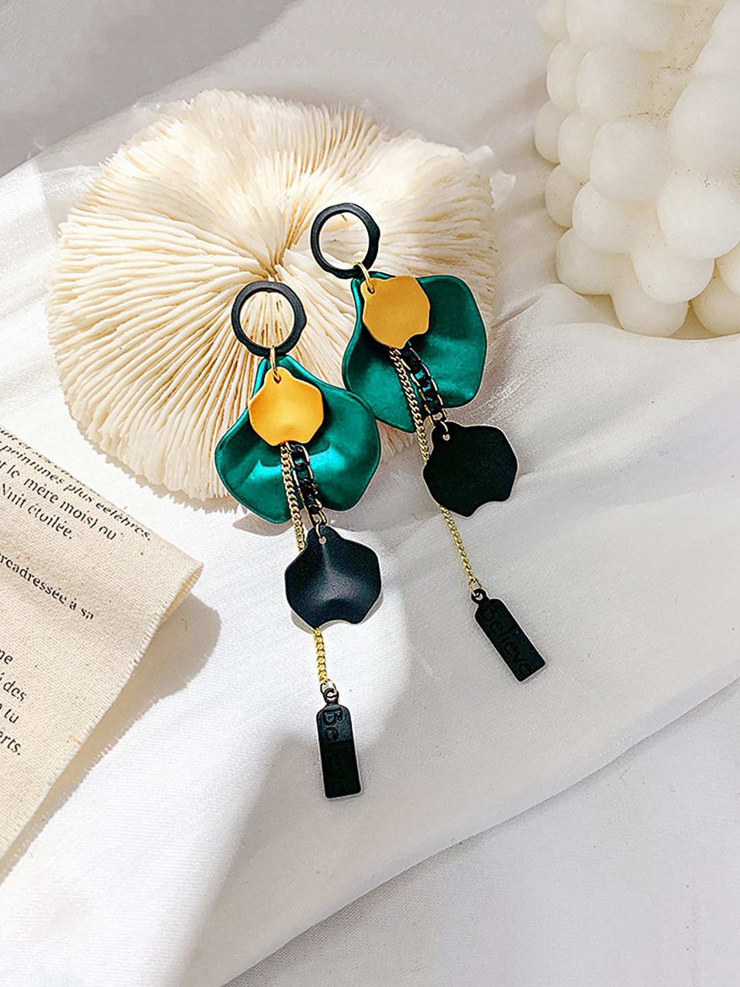 

Yellow Chimes Gold-Plated Green & Black Leaf Shaped Drop Earrings