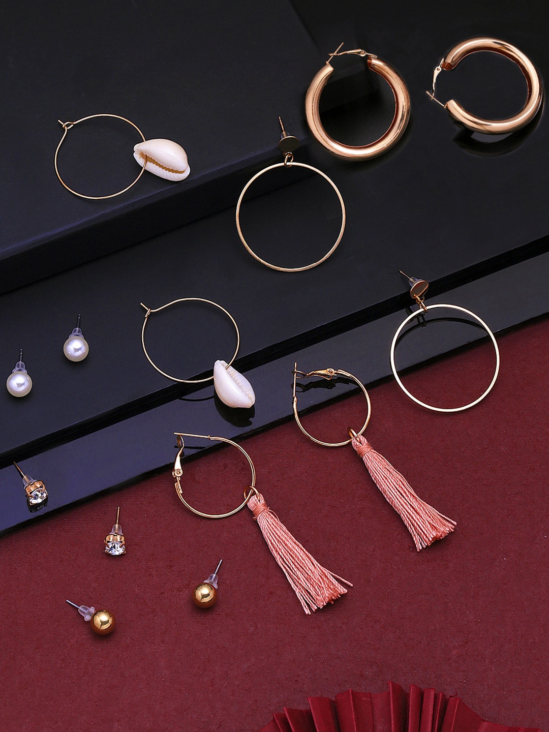 

Yellow Chimes Set Of 7 Silver & Gold-Toned Contemporary Hoop Earrings