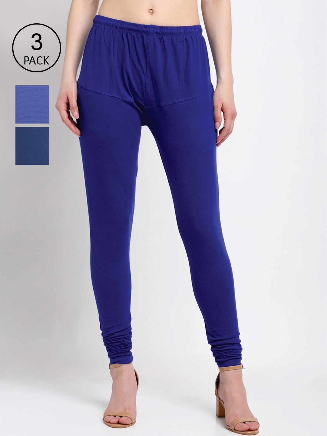 

KLOTTHE Women Pack Of 3 Solid Cotton Churidar-Length Leggings, Blue