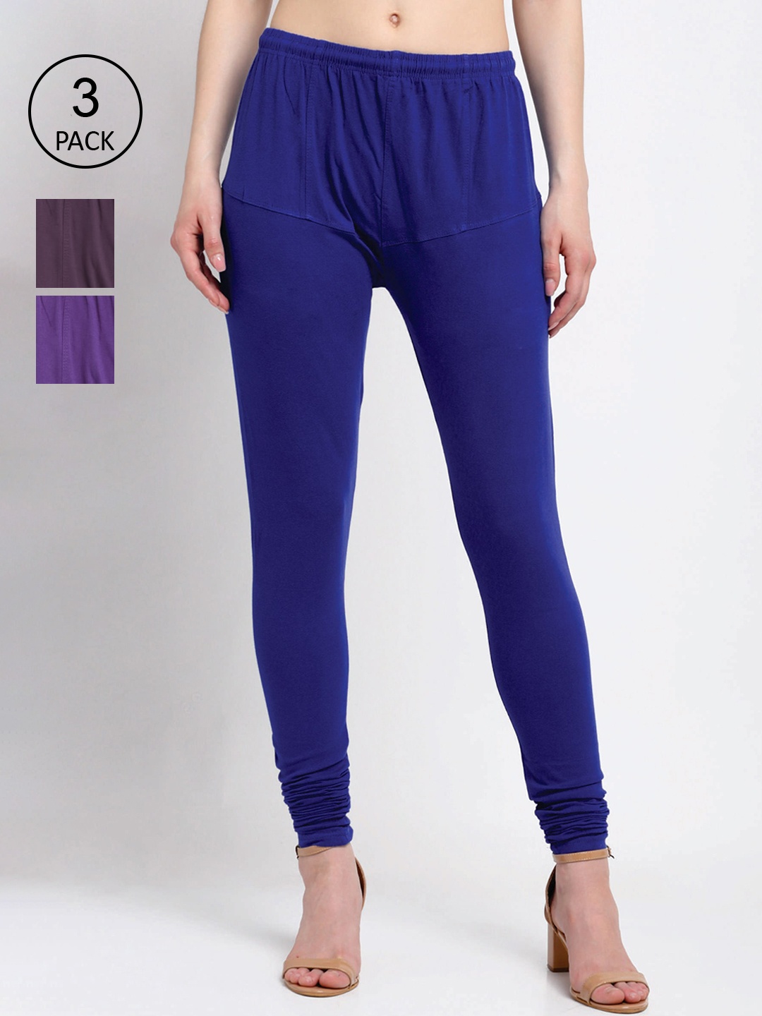 

KLOTTHE Women Pack Of 3 Solid Cotton Churidar-Length Leggings, Blue