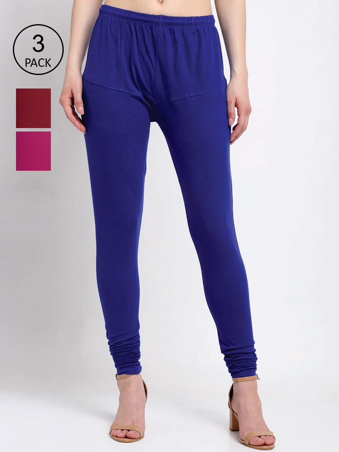 

KLOTTHE Women Pack Of 3 Solid Cotton Churidar-Length Leggings, Blue