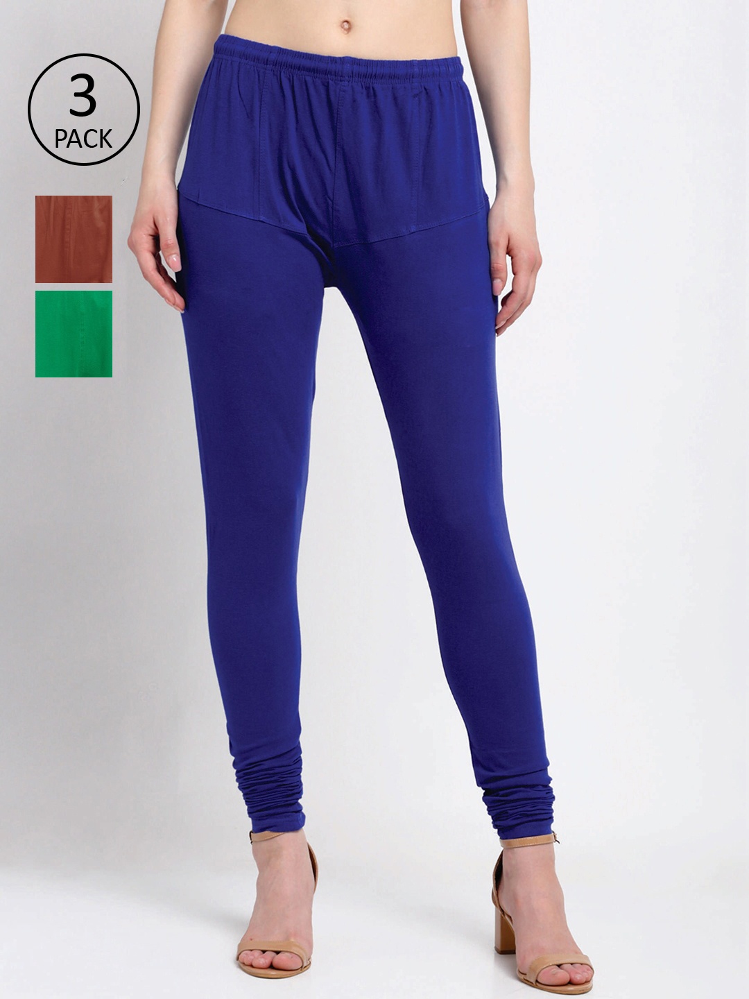 

KLOTTHE Women Pack Of 3 Solid Cotton Churidar-Length Leggings, Blue