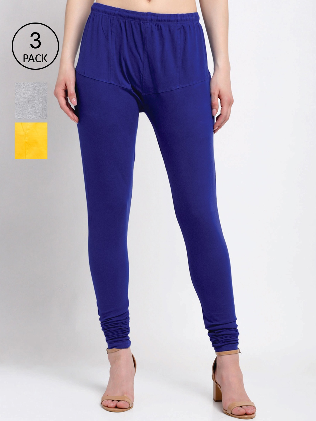 

KLOTTHE Women Pack Of 3 Solid Cotton Churidar-Length Leggings, Blue