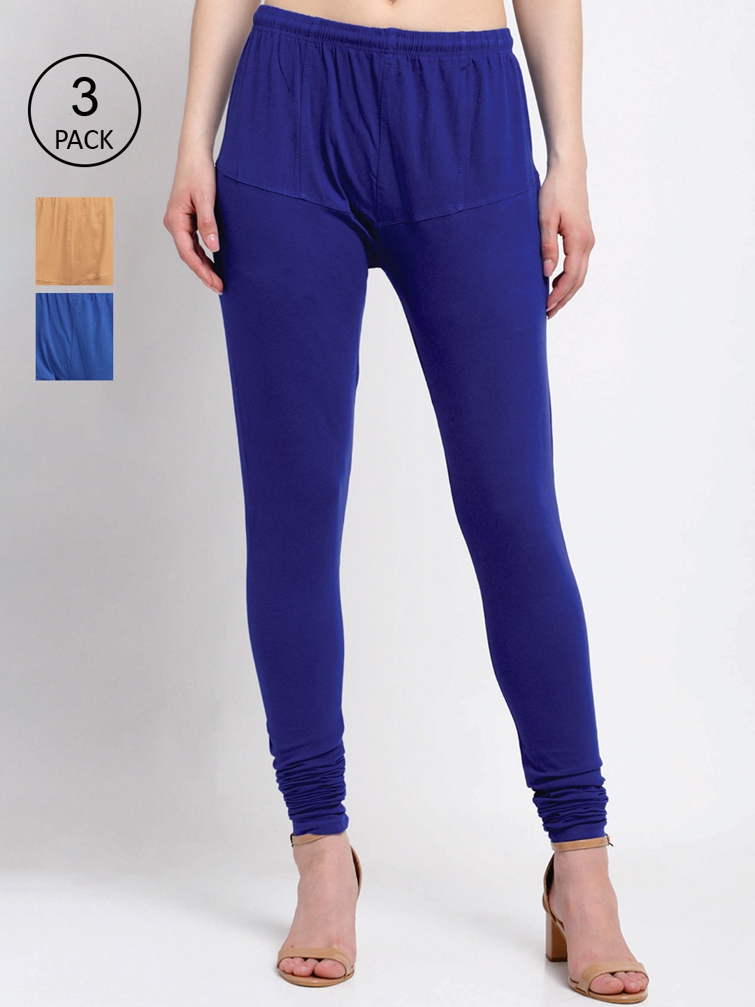 

KLOTTHE Women Pack Of 3 Solid Cotton Churidar-Length Leggings, Blue