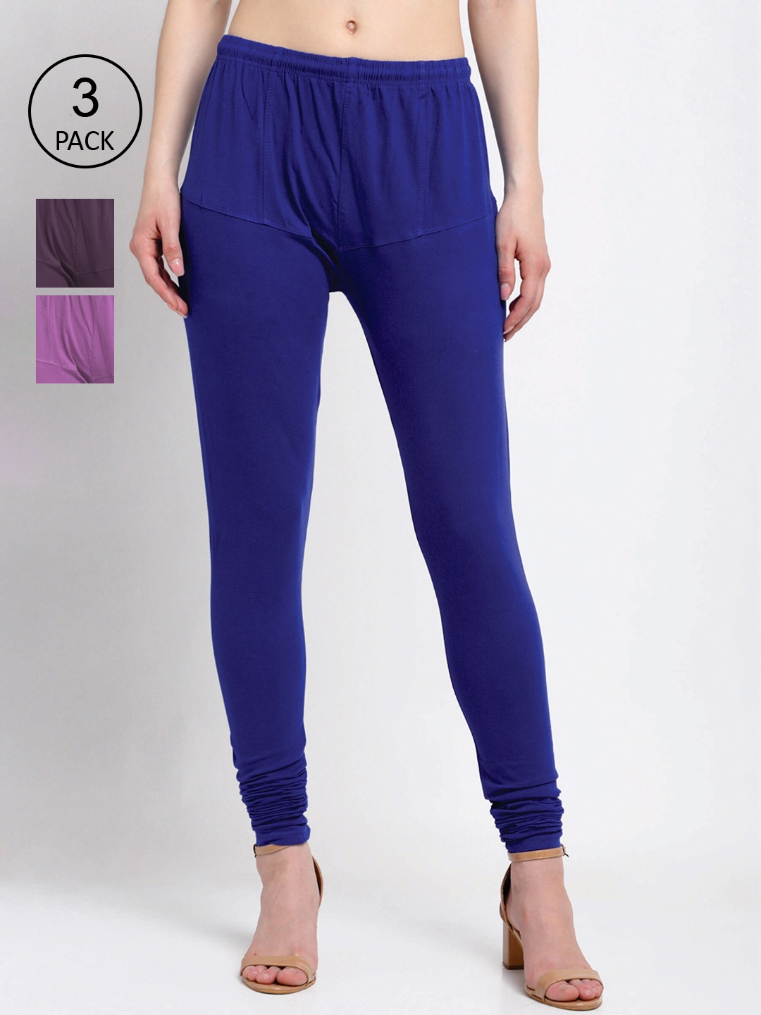 

KLOTTHE Women Pack Of 3 Solid Cotton Churidar-Length Leggings, Blue