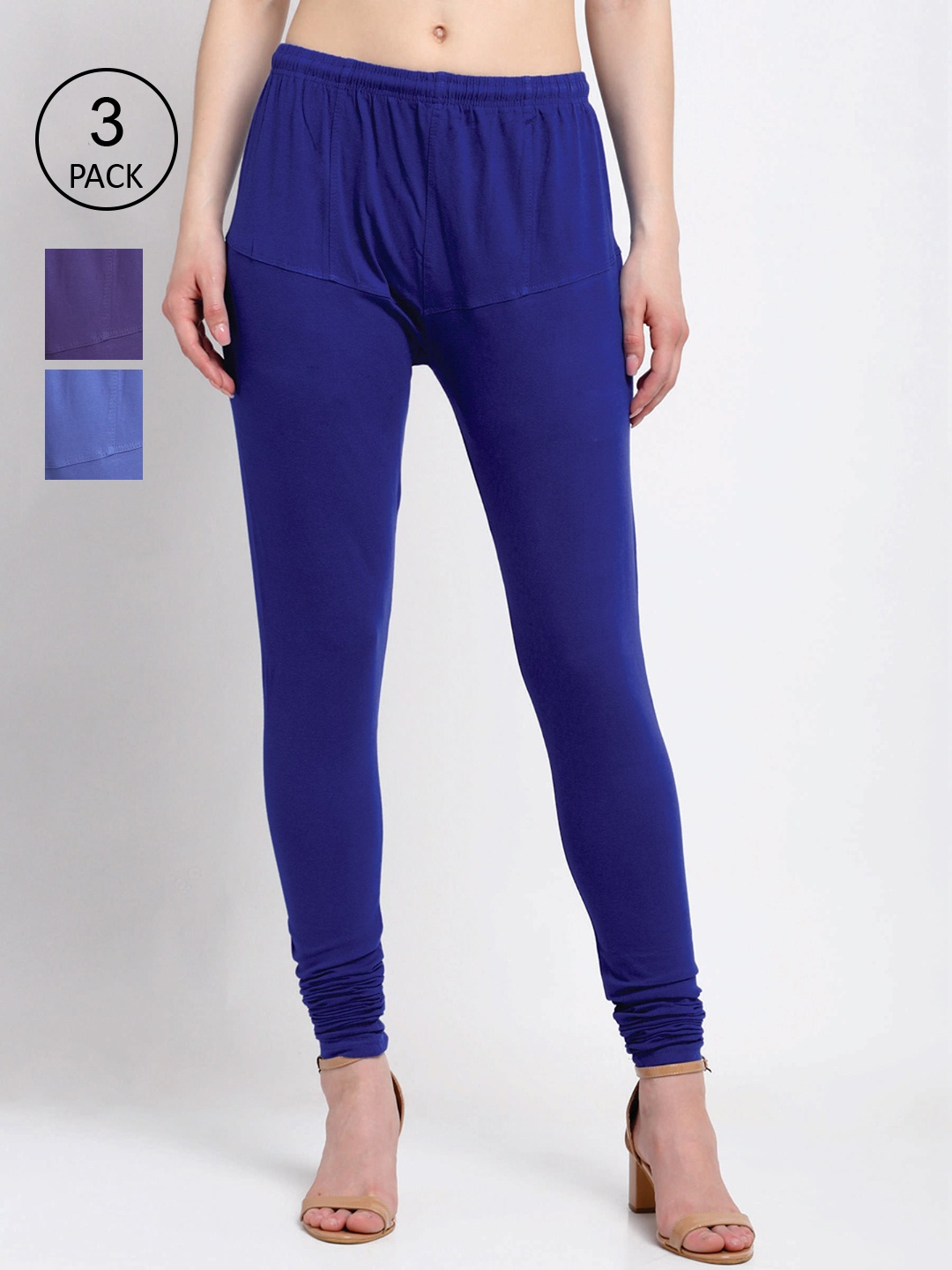 

KLOTTHE Women Pack Of 3 Solid Cotton Churidar-Length Leggings, Navy blue