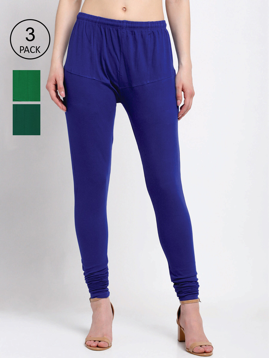 

KLOTTHE Women Pack Of 3 Solid Cotton Churidar-Length Leggings, Blue