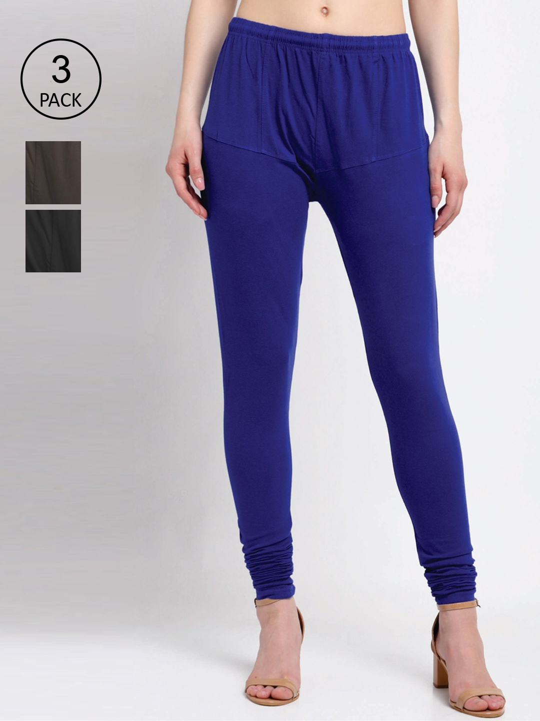 

KLOTTHE Women Pack Of 3 Solid Cotton Churidar-Length Leggings, Blue