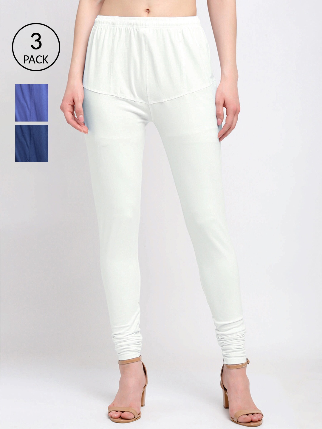 

KLOTTHE Women Pack Of 3 Solid Cotton Churidar-Length Leggings, White