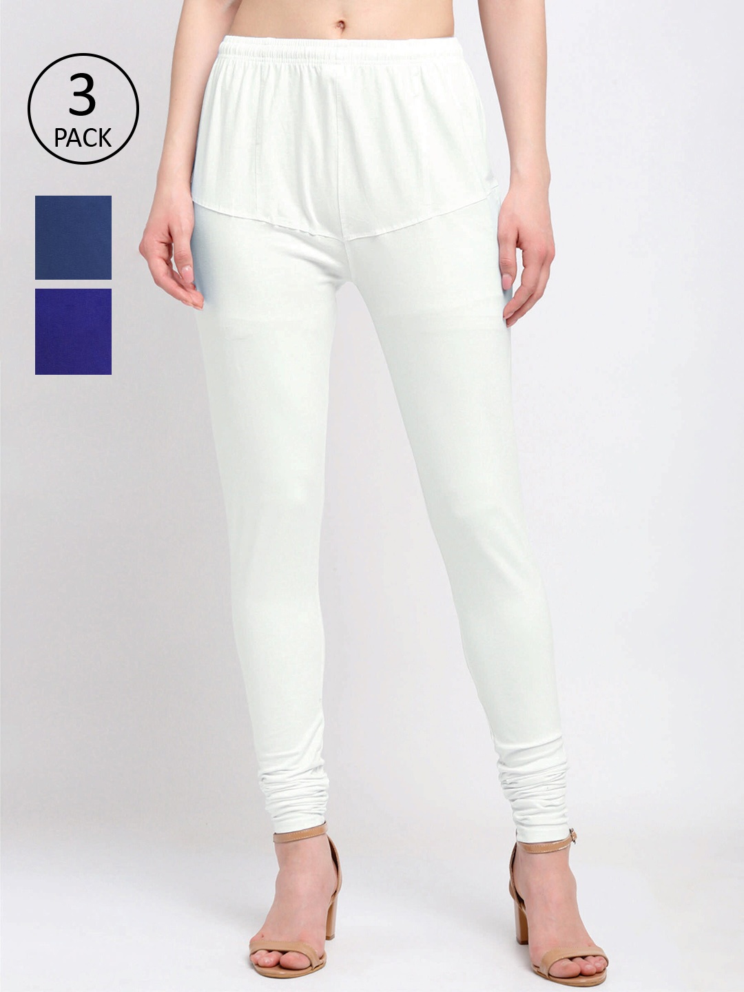 

KLOTTHE Women Pack Of 3 Solid Cotton Churidar-Length Leggings, White