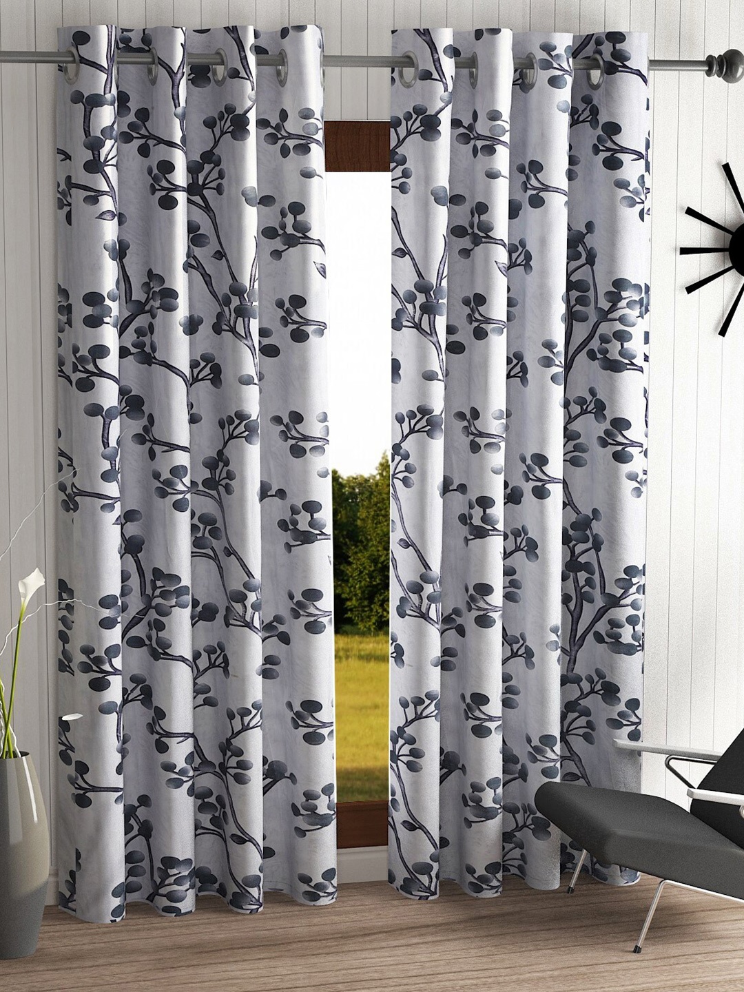 

Home Sizzler Grey & Black Floral Printed Set of 2 Window Curtains