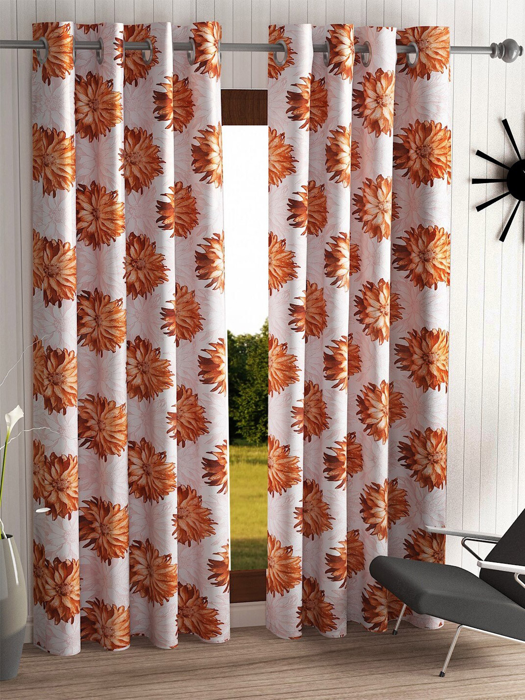 

Home Sizzler Set Of 2 Orange Floral Printed Long Door Curtain, White