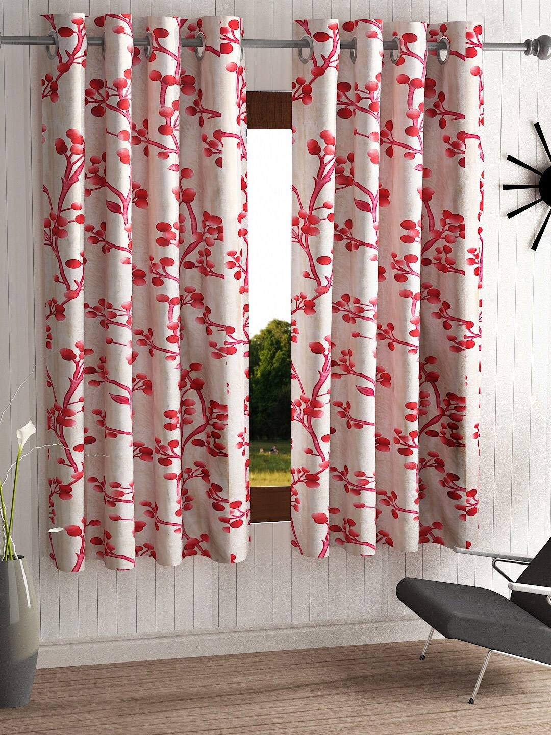 

Home Sizzler Set Of 2 Red & Beige Floral Printed Window Curtain