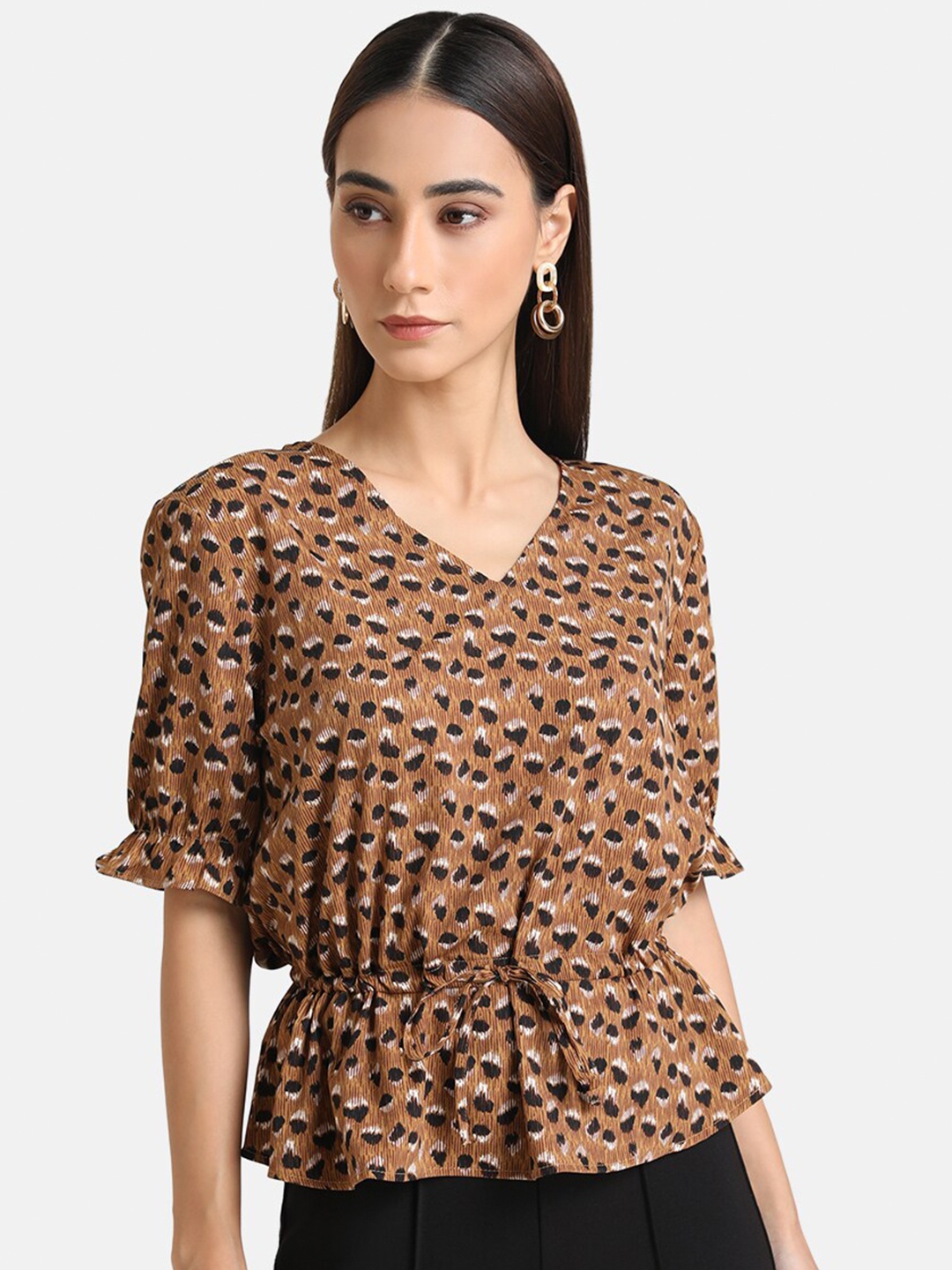

Kazo Brown & Black Animal Cinched Waist Top