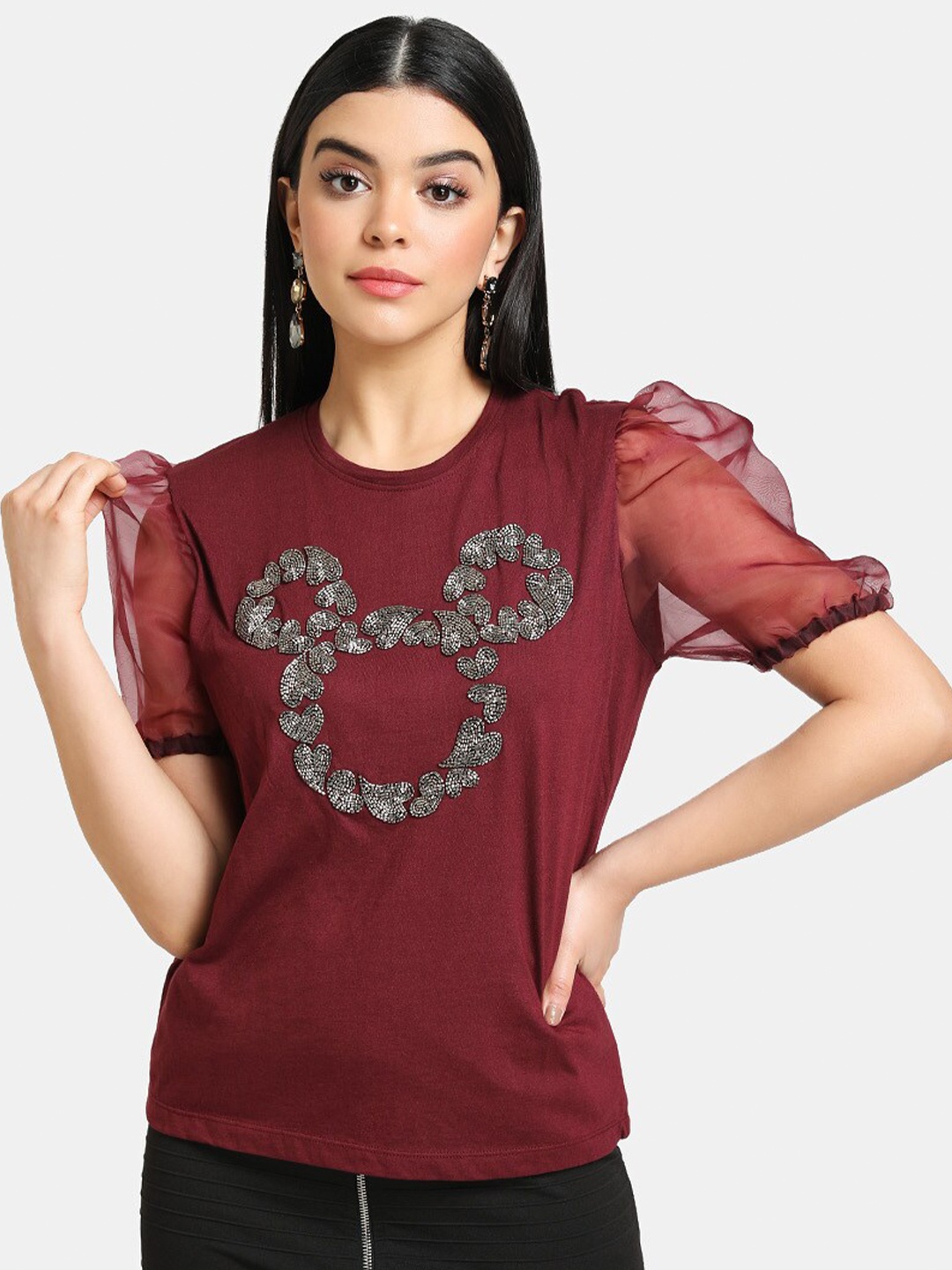 

Kazo Maroon Mickey Mouse Embellished Cotton Regular Top