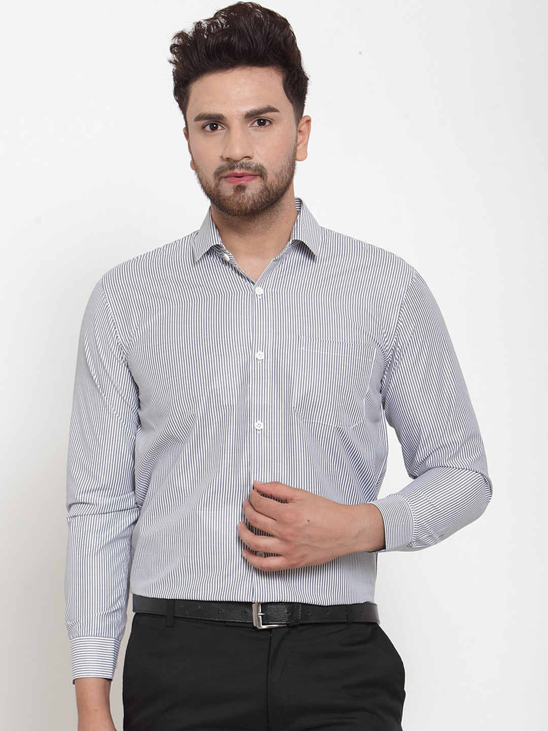 

JAINISH Men Black & White Smart Opaque Striped Formal Shirt